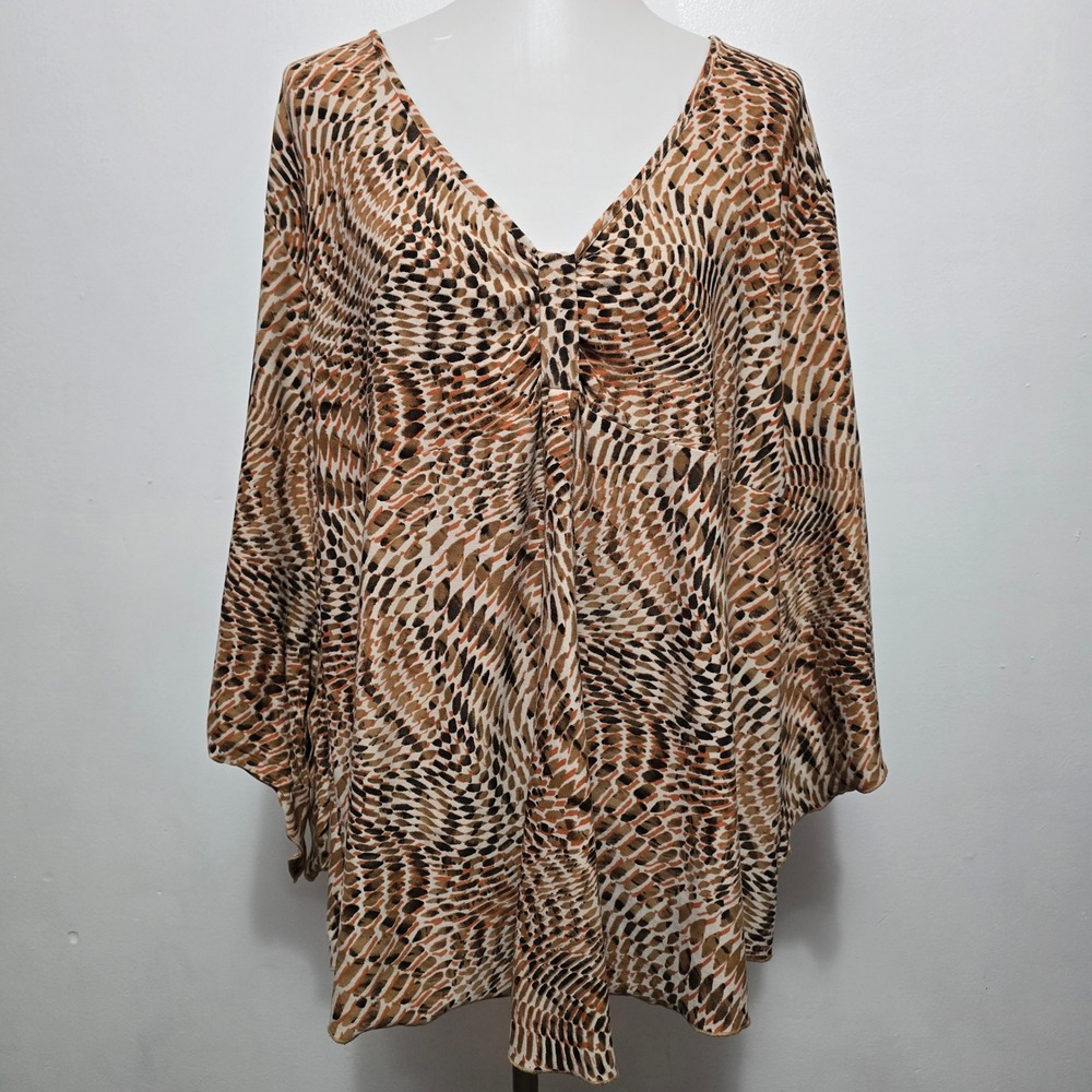 Dressbarn Woman 2X Tunic Top Blouse Brown Black Pattern V Neck Casual